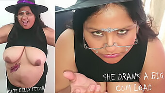 Halloween-themed big tits and cum swallowing