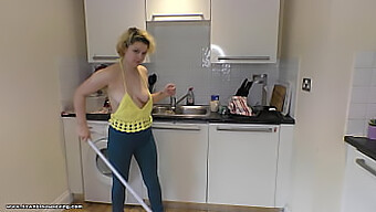 Delilah Cleans The Kitchen And Provides A Stunning View Of Her Brown Blouse